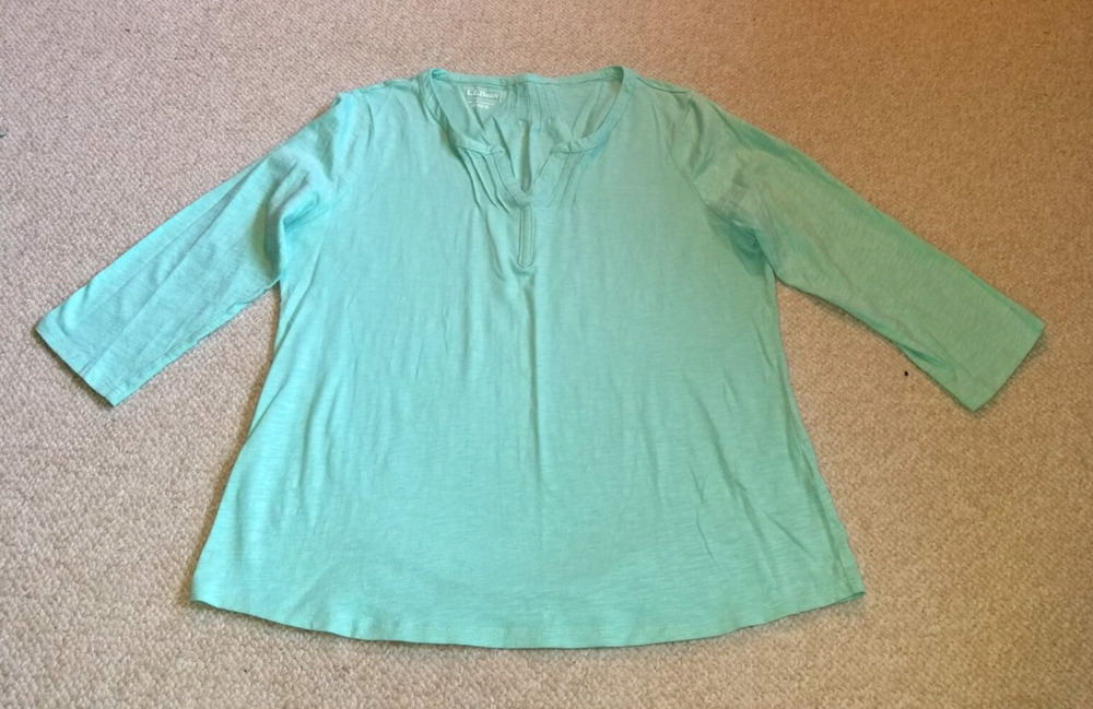 Womens Top-L.L. BEAN-aqua 100% organic cotton knit V-neck pintucked 3/4 slv-M